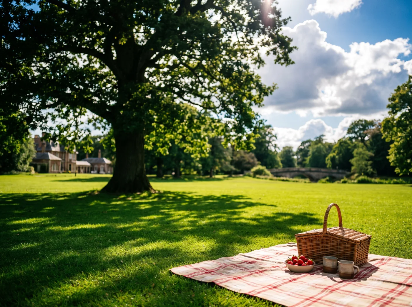A picnic blanket and basket in a sunlit English park