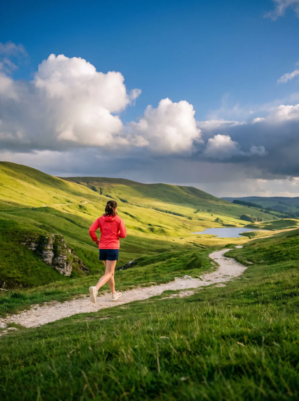 A runner in a coral jacket follows a winding trail through sunlit green hills